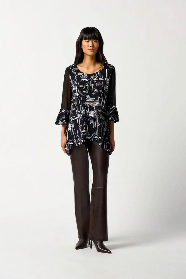 Joseph Ribkoff 233052 Black/Multi Abstract Face Print Chiffon 3/4 Sleeve Top