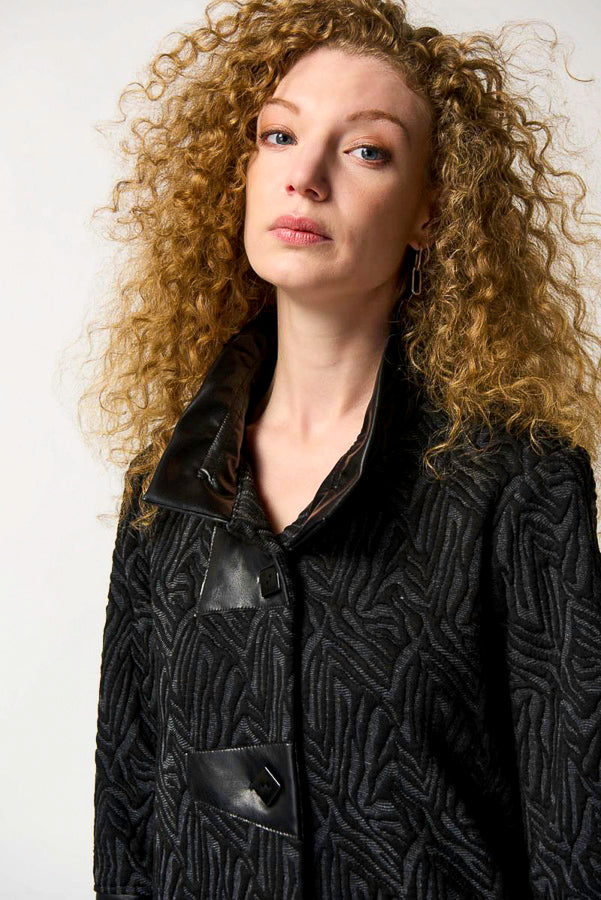 Joseph Ribkoff 233059 Grey Melange/Black Textured Jacquard Faux Leather Trim Jacket