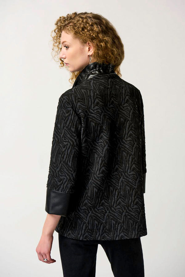 Joseph Ribkoff 233059 Grey Melange/Black Textured Jacquard Faux Leather Trim Jacket