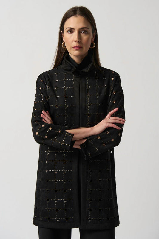 Joseph Ribkoff 233061 Black/Gold Cutout Faux Suede Long Jacket