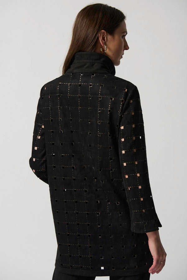 Joseph Ribkoff 233061 Black/Gold Cutout Faux Suede Long Jacket