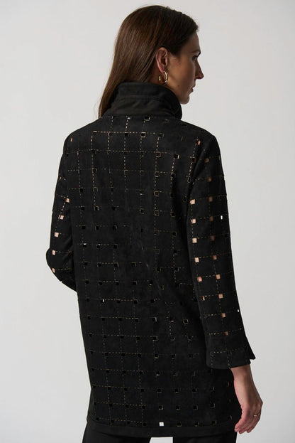 Joseph Ribkoff 233061 Black/Gold Cutout Faux Suede Long Jacket
