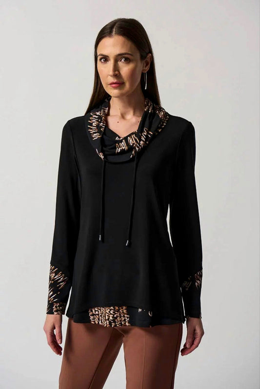 Joseph Ribkoff 233171 Black/Multi Script Print Cowl Neck Tunic Top