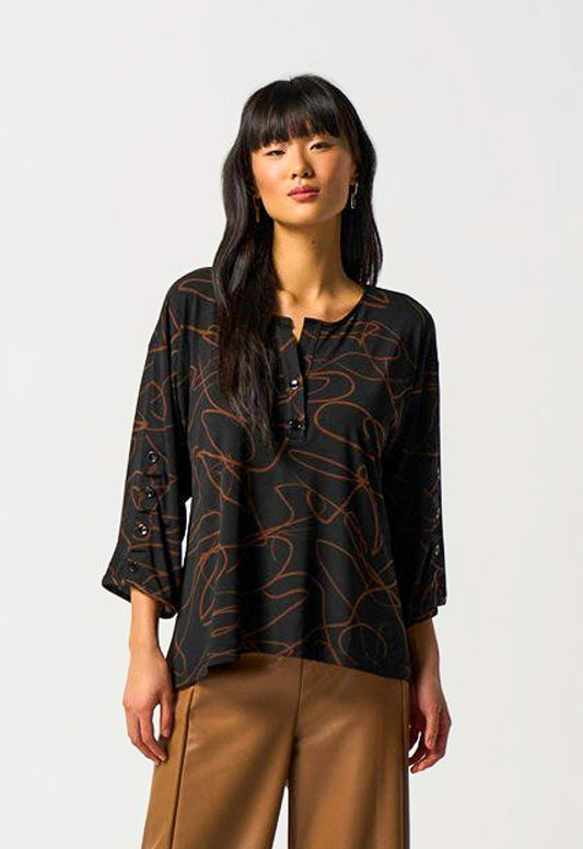 Joseph Ribkoff 233255 Black/Toffee Scribble Print Hi-Low Top