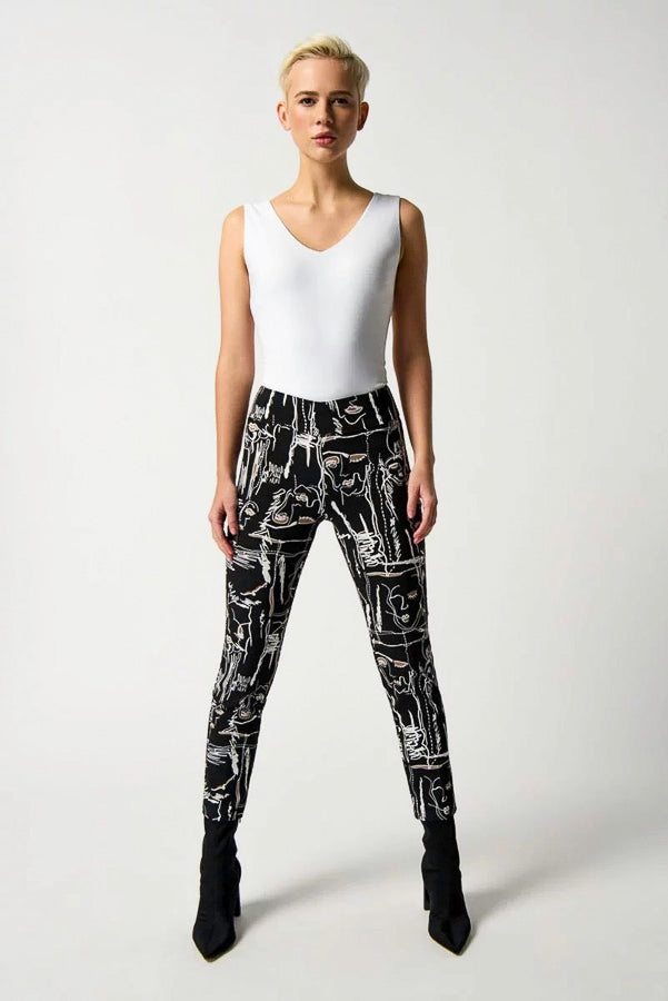 Joseph Ribkoff 233278 Black/Multi Abstract Face Print Cropped Pants