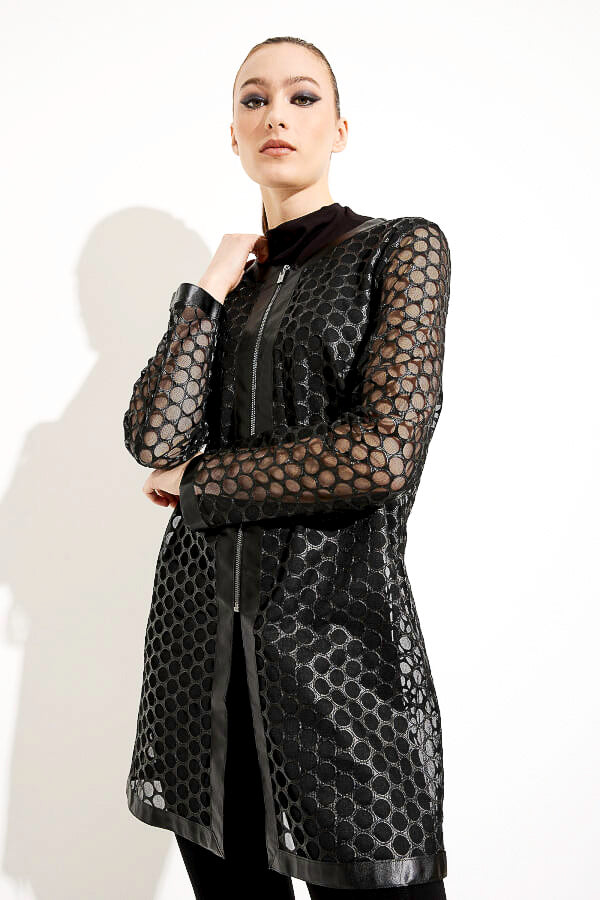 Joseph Ribkoff 233968 Black Faux Leather Mesh Zip-Up Jacket