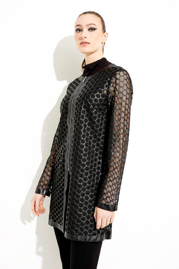 Joseph Ribkoff 233968 Black Faux Leather Mesh Zip-Up Jacket