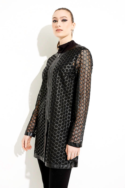 Joseph Ribkoff 233968 Black Faux Leather Mesh Zip-Up Jacket