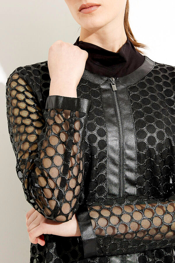 Joseph Ribkoff 233968 Black Faux Leather Mesh Zip-Up Jacket