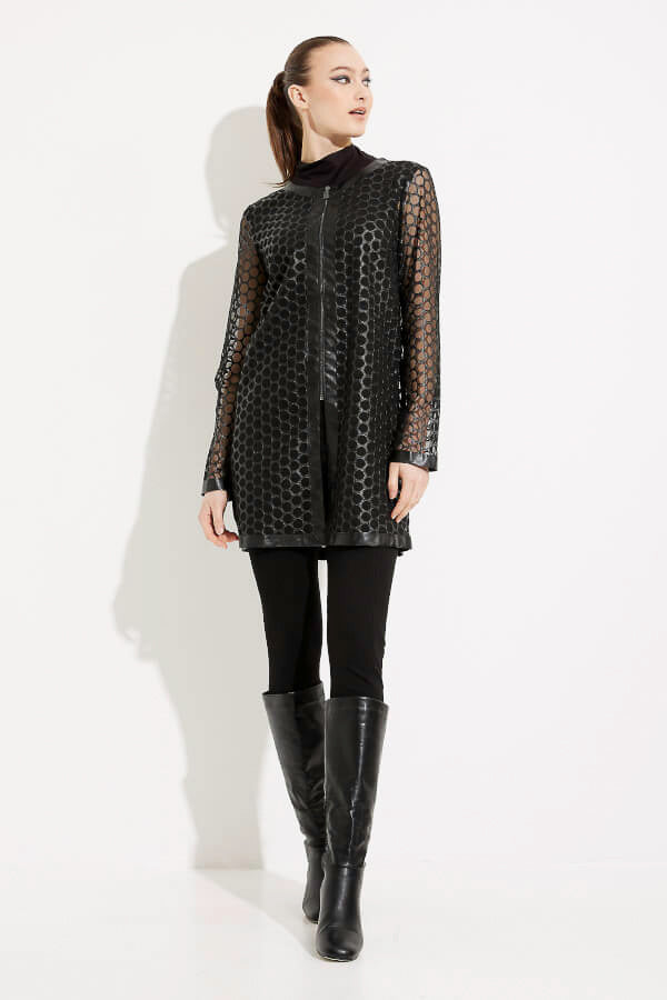 Joseph Ribkoff 233968 Black Faux Leather Mesh Zip-Up Jacket