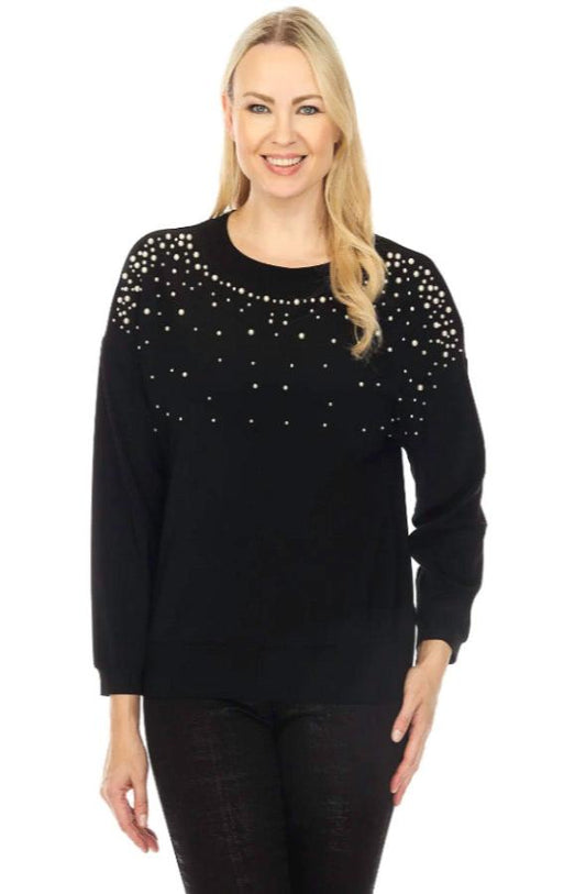 Joseph Ribkoff 234014 Black Pearl Accents 3/4 Sleeve Knit Sweater Top