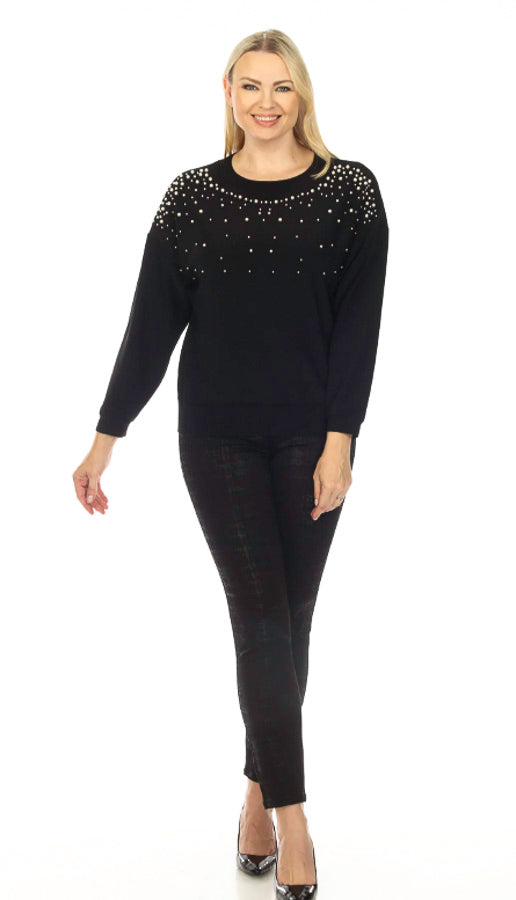 Joseph Ribkoff 234014 Black Pearl Accents 3/4 Sleeve Knit Sweater Top