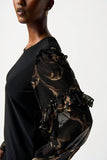 Joseph Ribkoff 234198 Black/Multi Baroque Print Ruffled Chiffon Sleeve Top