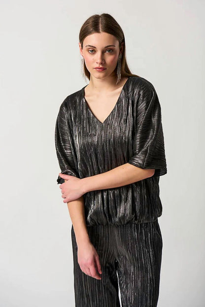 Joseph Ribkoff 234246 Dark Grey Metallic Crinkled Pleats Top