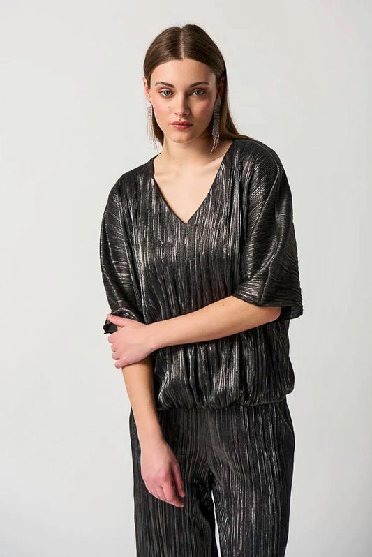 Joseph Ribkoff 234246 Dark Grey Metallic Crinkled Pleats Top