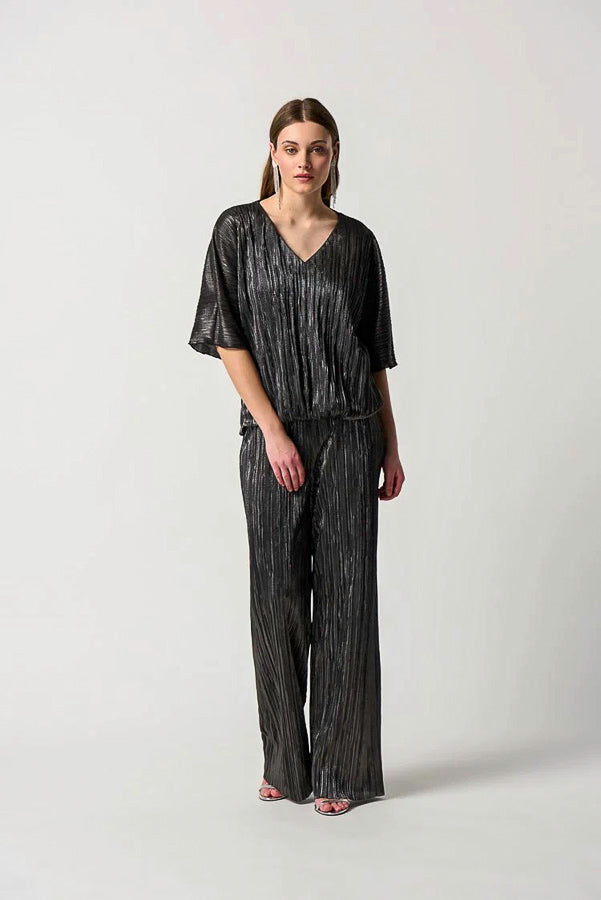 Joseph Ribkoff 234246 Dark Grey Metallic Crinkled Pleats Top