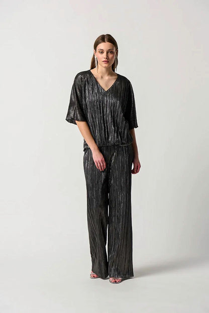 Joseph Ribkoff 234246 Dark Grey Metallic Crinkled Pleats Top