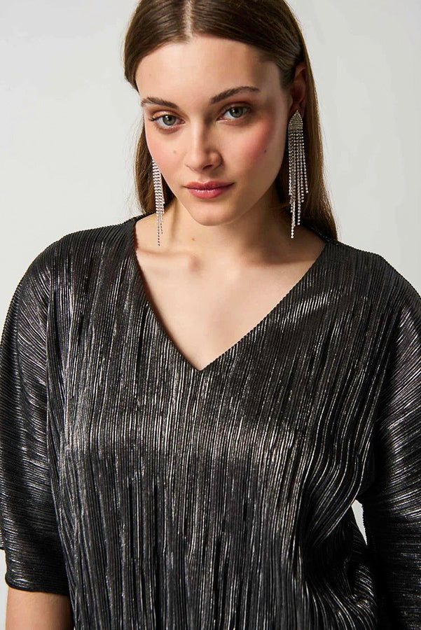 Joseph Ribkoff 234246 Dark Grey Metallic Crinkled Pleats Top