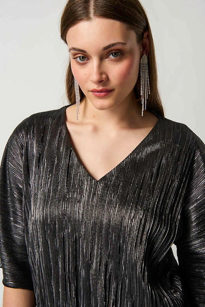 Joseph Ribkoff 234246 Dark Grey Metallic Crinkled Pleats Top