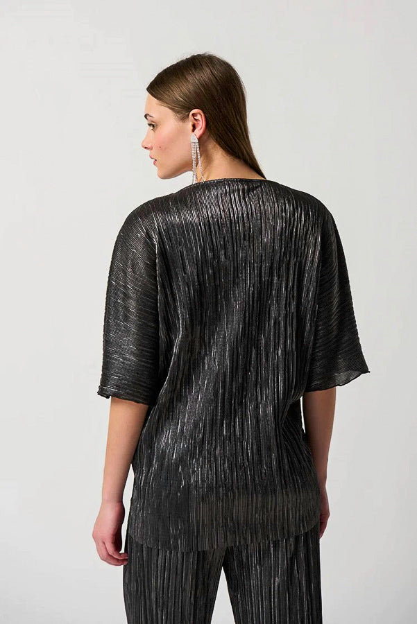 Joseph Ribkoff 234246 Dark Grey Metallic Crinkled Pleats Top