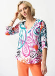 Joseph Ribkoff 242179 Vanilla/Multi Floral Paisley Scribble Print Shirred Top