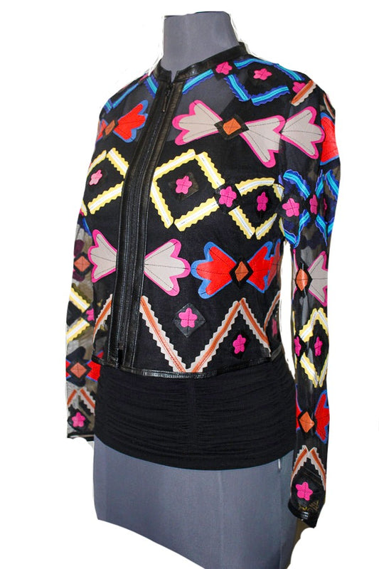 ABF 0934 Black/Multi-Color Leather Bolero Jacket