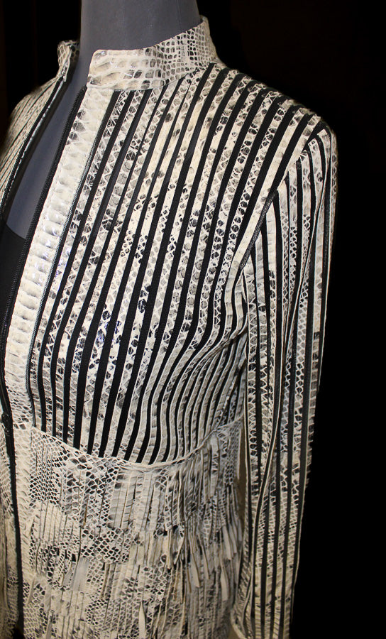 ABF 11910096 Cream Python Print 7-Layer Fringe Leather Jacket
