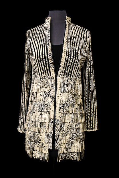 ABF 11910096 Cream Python Print 7-Layer Fringe Leather Jacket