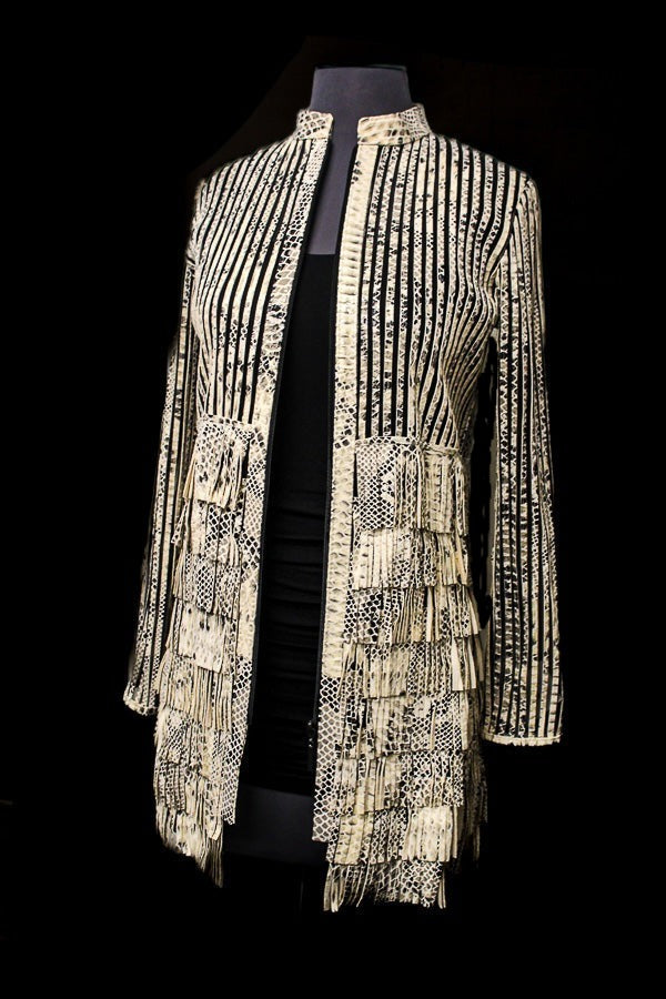 ABF 11910096 Cream Python Print 7-Layer Fringe Leather Jacket