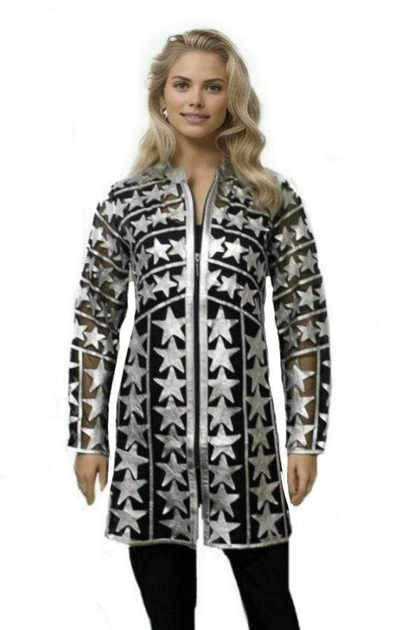 ABF 0932 Silver Stars Long Leather Jacket