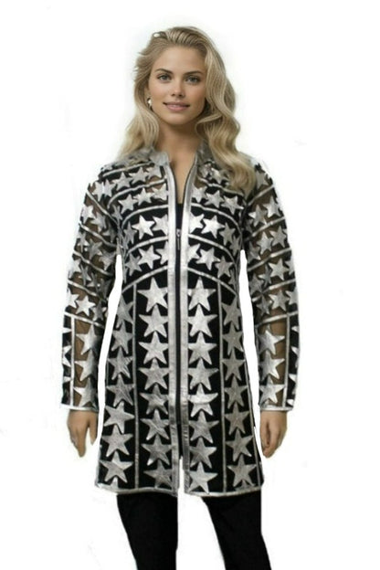 ABF 0932 Silver Stars Long Leather Jacket