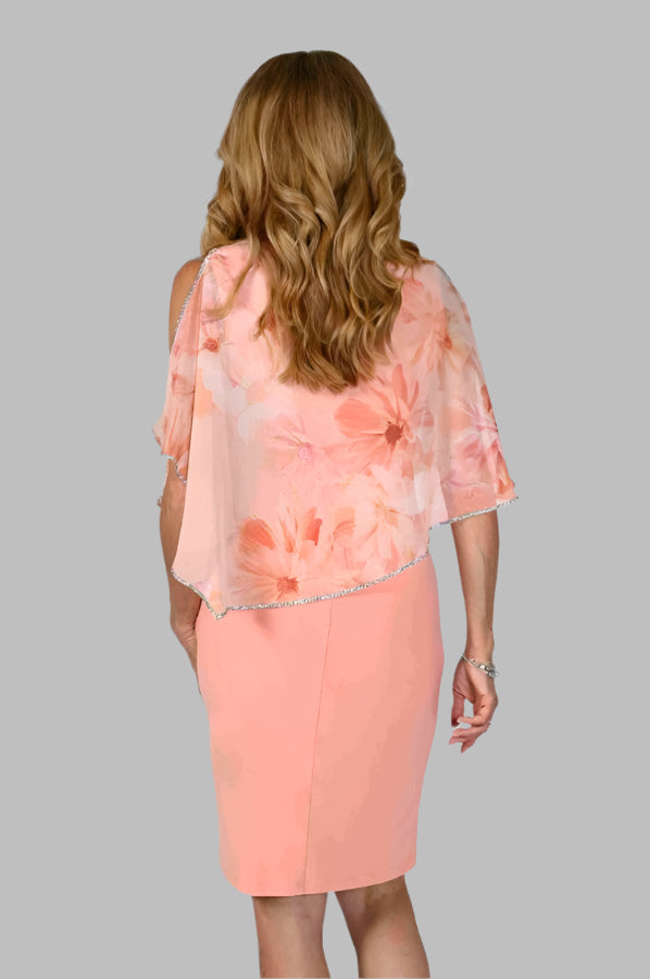 Frank Lyman 232004 Apricot Rhinestone Embellished Floral Cape Dress