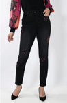 Frank Lyman 233886U Black/Magenta Floral Appliqué High-Waist Skinny Jeans