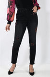 Frank Lyman 233886U Black/Magenta Floral Appliqué High-Waist Skinny Jeans