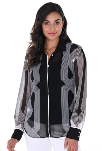 Frank Lyman 246453 Black/Off-White Striped Long Sleeve Top