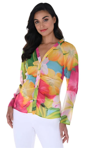 Frank Lyman 246483 Pink/Multi-Color Floral Print Sheer Top