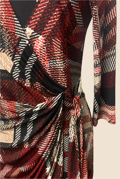 Frank Lyman 213414 Red/Multi-Color Plaid Faux Wrap Dress