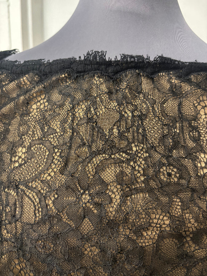 Tadashi Shoji TD967M Black/Gold Lace Dress with Waist Tie