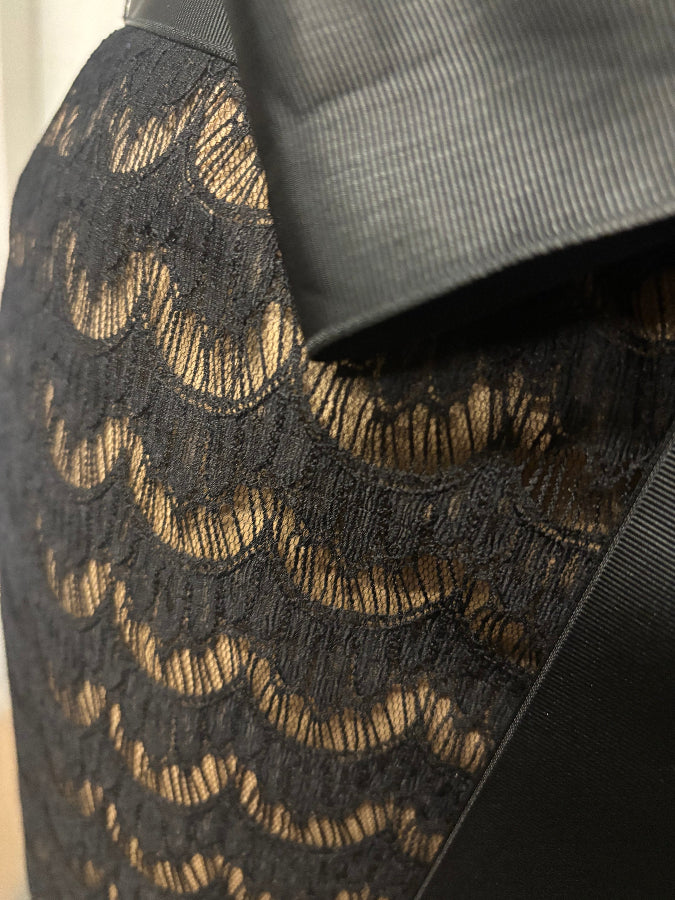 Tadashi Shoji TD967M Black/Gold Lace Dress with Waist Tie