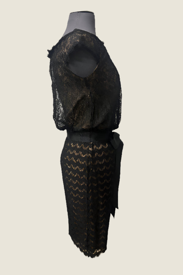 Tadashi Shoji TD967M Black/Gold Lace Dress with Waist Tie