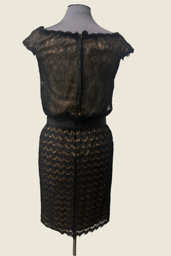 Tadashi Shoji TD967M Black/Gold Lace Dress with Waist Tie