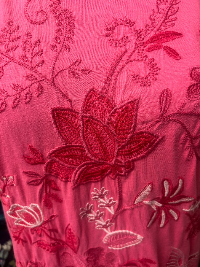 Johnny Was Pink Floral/Butterfly Embroidered Ruffled Dress