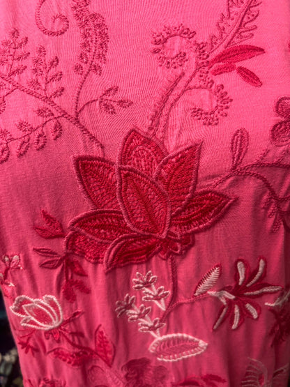 Johnny Was Pink Floral/Butterfly Embroidered Ruffled Dress
