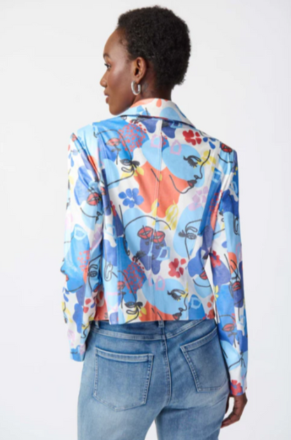 Joseph Ribkoff 241910 Multi-Color Faces Print Faux Suede Moto Jacket