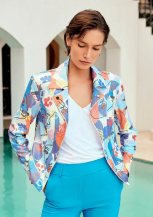 Joseph Ribkoff 241910 Multi-Color Faces Print Faux Suede Moto Jacket