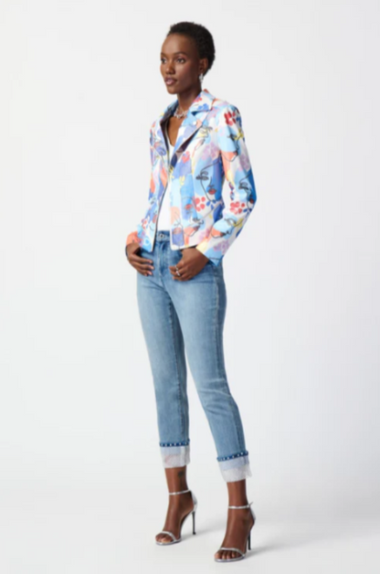 Joseph Ribkoff 241910 Multi-Color Faces Print Faux Suede Moto Jacket