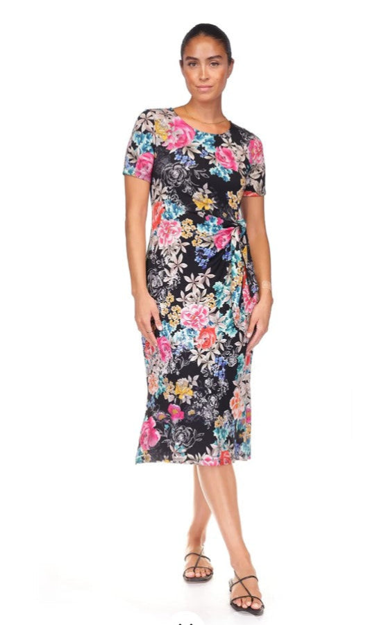 Johnny Was T38225-3 Navy/Multi-Color Floral Print Tie Waist Dress