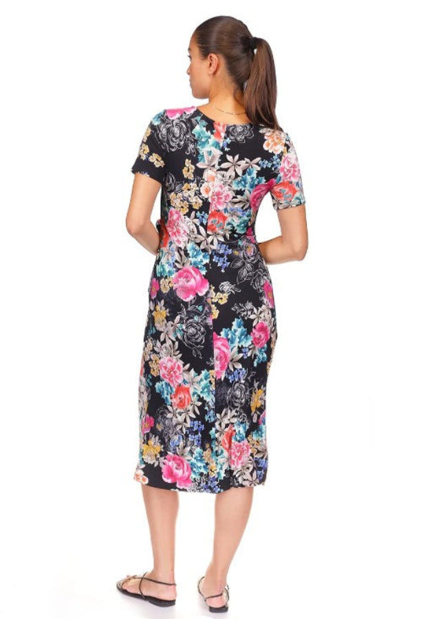 Johnny Was T38225-3 Navy/Multi-Color Floral Print Tie Waist Dress