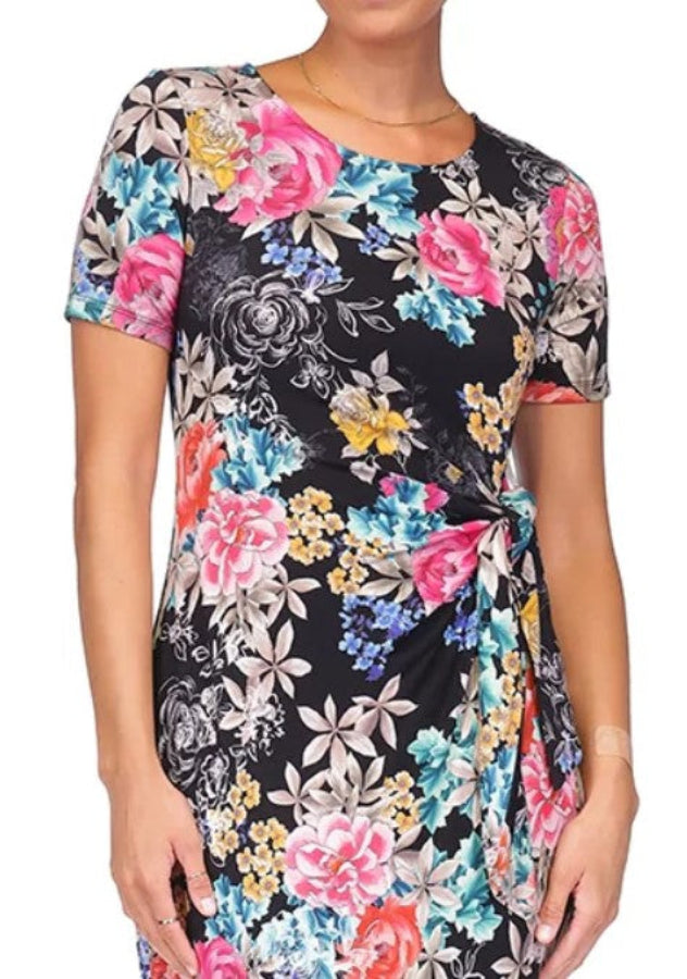 Johnny Was T38225-3 Navy/Multi-Color Floral Print Tie Waist Dress