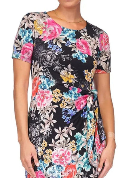 Johnny Was T38225-3 Navy/Multi-Color Floral Print Tie Waist Dress